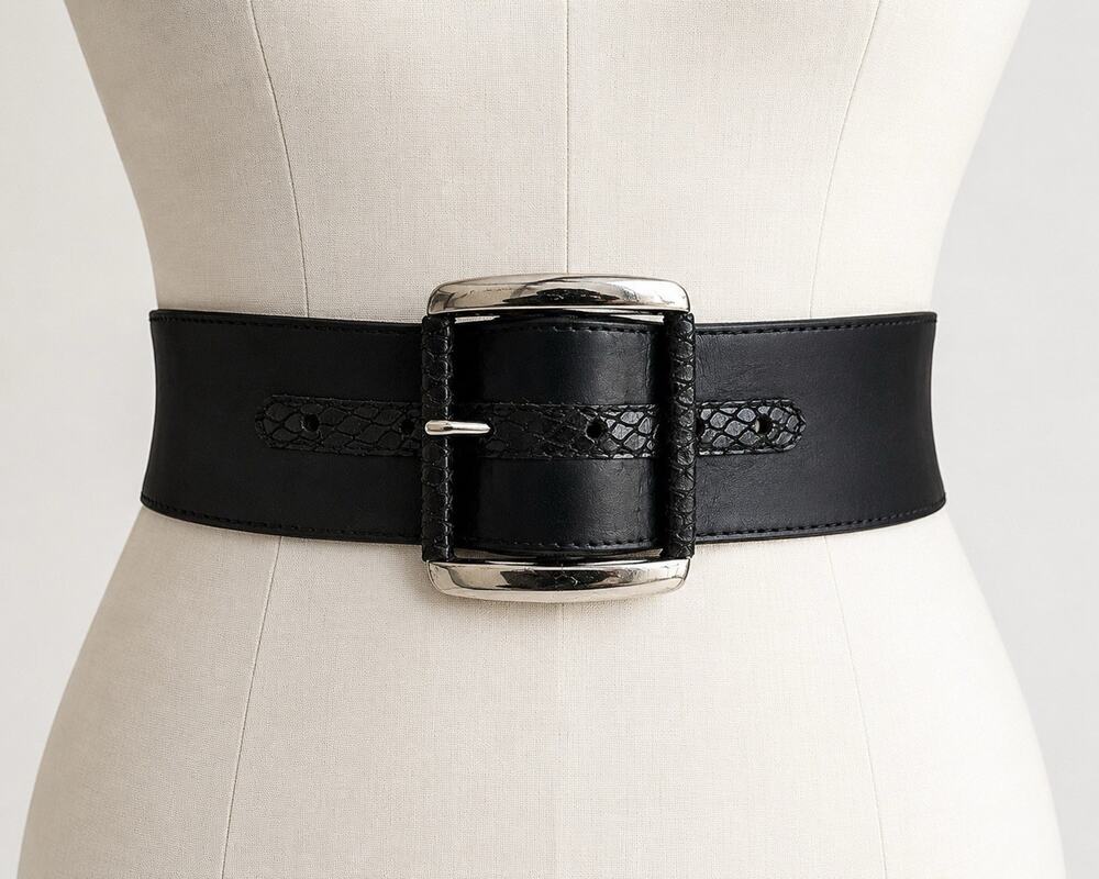 WHBM White House Black Market Black Snakeskin Embossed Wide Stretch Belt XS